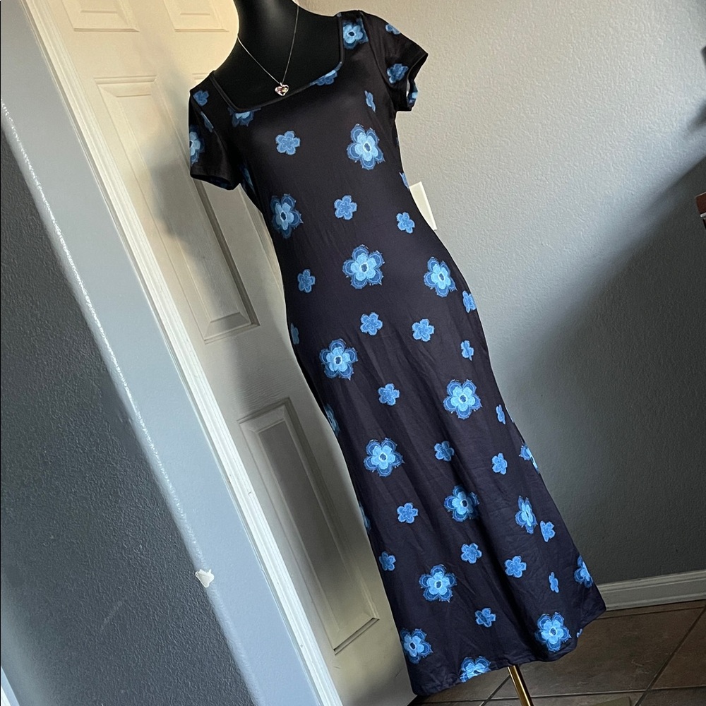 SHEIN Black Midi Dress with Blue Floral Print